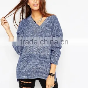 Ladies Blue Knit Sweater Knitting Pattern Free V Neck Chunky Tunic Thin Sweater thumbnail-2