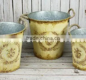 Vintage/Rustic/ Shabby Chic Metal Flower Bucket With Linen Handle thumbnail-1