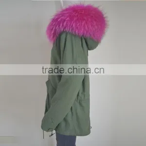 Myfur Long Parka With Rose Hot Pink Raccoon Fur Hood For Ladies thumbnail-3