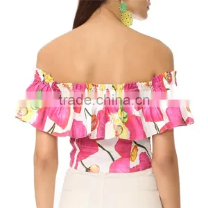 2017 Summer off Shoulder Bold Floral Print Flounce Best Blouses thumbnail-4