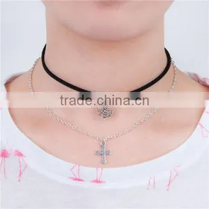 Velvet Suede Double Layer Halloween Choker Necklace Tone & Antique Silver Black Cobweb Cross 33.5cm Long thumbnail-1