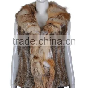 YR263 Genuine Rabbit Knit Fur Vest With Fox Collar Top Quality thumbnail-4