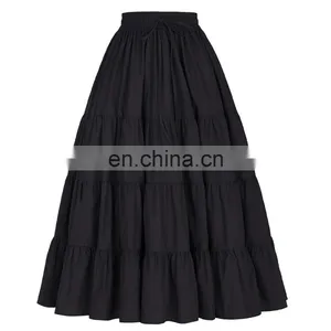 Belle Poque Women's Solid Black Color Wide Hem Cotton Maxi Skirt Long Skirt BP000207-1 thumbnail-1