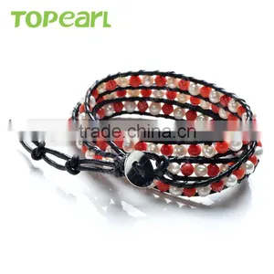 Topearl Jewelry Potato Shape White and Coral Freshwater Bracelet Woven Leather Wrap Bracelets Designs for Girls CLL165 thumbnail-2