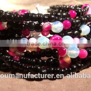 Black Glass Beads Moonstone and Pink Stripped Agate Bracelet thumbnail-3