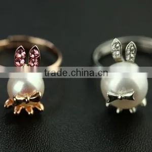 2015 New 18K Gold Plated Bunny Rabbit Pearl Stone Silver Cute Ring thumbnail-3