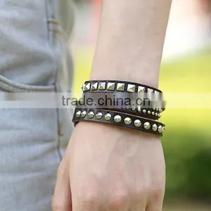 Fashion Vintage Men's Metal Steel Studded Surfer Leather Bangle Cuff Bracelet thumbnail-4