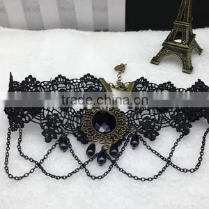 Black Bead Pendant Chain Flower Lace Choker Handmade Women Necklace Gothic Vintage thumbnail-2