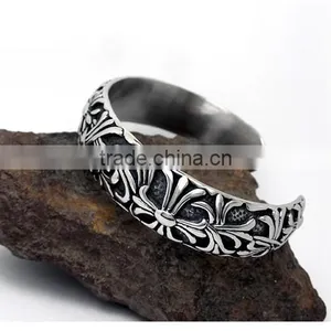 C Shape Antique Silver Vintage Engraved Stainless Steel Bangles thumbnail-2