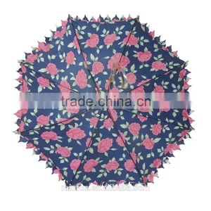 Flower Printing Beautiful Girl Long Umbrella With Lace Parasol thumbnail-2