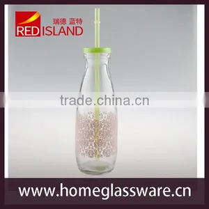 16oz Beverage Glass Bottle With Plastic Lids, Straws Hoting Selling thumbnail-2