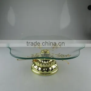 Wholesale Petal Shape Glass Cake Stands With Gloden Flower thumbnail-1
