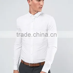 Custom Long Sleeve Spread Collar Mens 97% Cotton 3% Elastane Stretch Casual Skinny Fit Business White Solid Shirts thumbnail-1