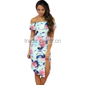 Summer Front Slit One-piece Printed Floral off Shoulder Dress thumbnail-1
