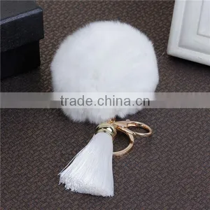 Cheap Wholesale Gold Plated White Angora Pom Pom Ball Rayon Tassel Keychain thumbnail-1