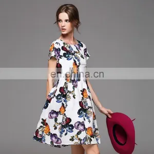 Ladies High Quality Short Sleeve Trendy Dress With Gathtering Waist Pretty Print Dress Fashion thumbnail-1