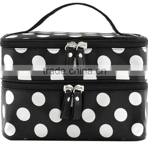 Cosmetic Bag Double Layer Dot Pattern Travel Toiletry Bag Organizer With Mirror,Polka Fabric Makeup Train Artist Case thumbnail-2