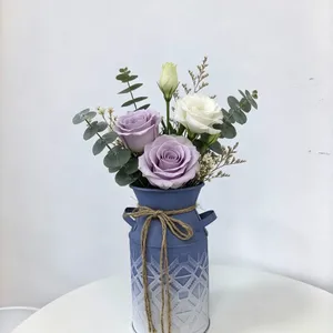 Blue White Metal Milk Can Vase With Jute Rope, Farmhouse Embossed Metal Pitcher for Home & Wedding Decor thumbnail-1