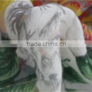 Green and Yellow Floral Printed Light Wool Scarf With Fringe thumbnail-4
