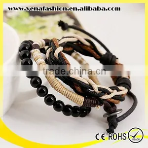 Wood Bead Custom Leather Braided Bracelet, Leather Beaded Wrap Bracelets Quality Choice thumbnail-3