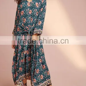 Boho Printed Long Sleeve Tie-Waist Details Frog Women Maxi Dress HSd5208 thumbnail-3