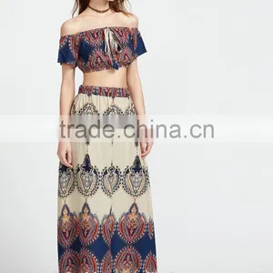 Vintage Print off the Shoulder Crop Top With Skirt Boho Clothing Top and Long Skirt Set thumbnail-4