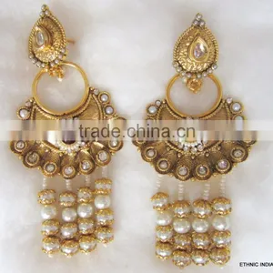 PEARL Dangler Gold Tone Dangler POLKI EARRINGS thumbnail-1