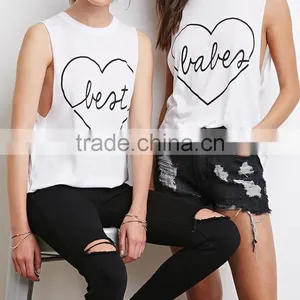 Unfinished Aarm Hole Cut Solid Color Cotton Best Babes Muscle Tee Set With Lovely Printing thumbnail-1
