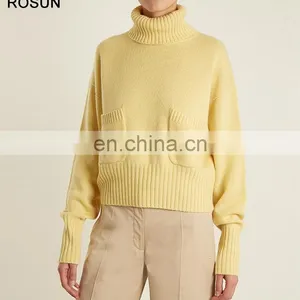 Yellow Mid Weight Roll Neck Patch Pocket Chunky Knit Sweater thumbnail-2