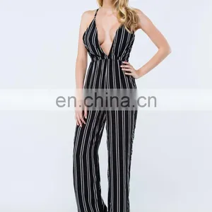 2015 Stripe Down Plunging Summer Women Jumpsuit thumbnail-2
