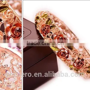 Rhinestone Embed Hollow Leaves Blessing Flowers Rose Golden Bracelets Bangles Women thumbnail-4