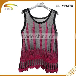 Latest Summer Loose Casual Fashion Crochet Lace Blouse Embroidered Lace Sleeveless Women Tops Blouse thumbnail-1