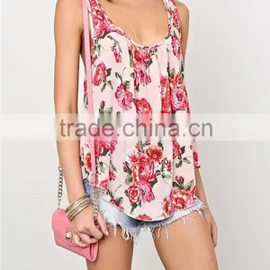 Summer Women Latest Fashion Sweet Floral Print Scoop Neckline Woven Top- SYK15262 thumbnail-1