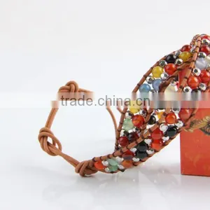 Pure Manual Discus Agate Bracelet Around Two Laps Leather Bracelet Grey Leather Bracelet thumbnail-3