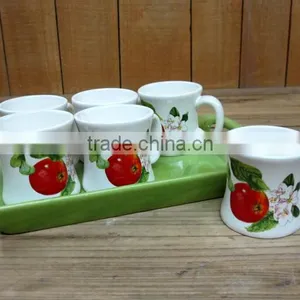 Household 6 Small Ceramic Tea Coffee Cups With Green Tray Set thumbnail-1