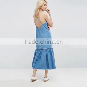 2017 Summer V Neck Cross Back Straps Maxi Long Denim Dress Woman HSD9982 thumbnail-2
