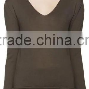 New Style Grey Pure Wool Long Sleeve V Neck Sweater Design for Girls thumbnail-1