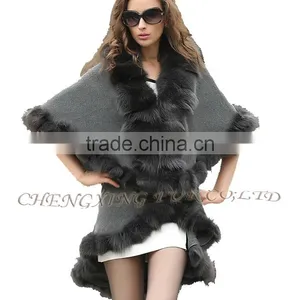 CX-B-P-45C Luxury Genuine Fox Fur Trimmed Womens Shawls thumbnail-6