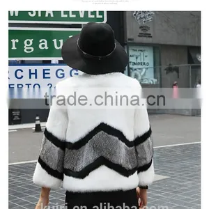 Trendy Rabbit Fur Coats For Women Winter Warm Natural Real Fur Coat Short Patchwork Strip Korean Style O-neck Jackets Customized thumbnail-4