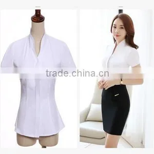 2017 Korean Design Pure Color Short Sleeve Polyester & Cotton Mix Ladies Tops Fashion Women Blouse thumbnail-4