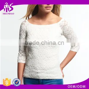 2016 Guangzhou Shandao Hot Selling New Arrivals Summer Casual Fat Women 3/4 Sleeve White Boat Neck Slim Lace Plus Size Top thumbnail-1