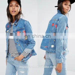 New Design 100% Cotton Jeans Jacket Women Badge Detail Jean Jacket Wholesale thumbnail-1
