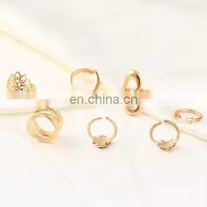7PCS/Set Fashion Women Gold Hollow Flower Star Rhinestone Ring Sets thumbnail-2