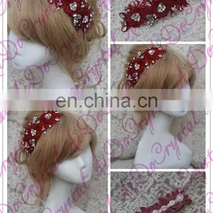 Aidocrystal Red Wedding Hair Piece Bridal Headpiece Handmade Rhinestone Lace Indian Flower Accessories thumbnail-2