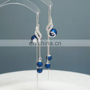 925S Long Drop Blue Crystal Rhinestone Tassel Earrings for Women thumbnail-3