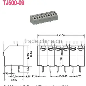 PCB Spring Terminal Blocks Spring Connectors Pitch 5mm, 300V,10A With Steel Brass TJ500-09 thumbnail-2