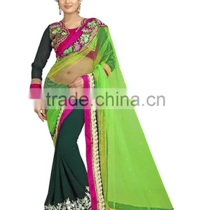 Green Net Embroidery Saree thumbnail-1