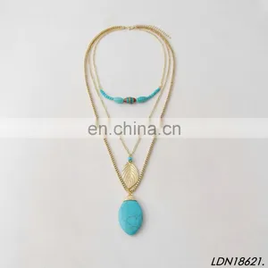 Three Layered Gold Necklace Turquoise Pendant Necklace With Gold Leaves thumbnail-2