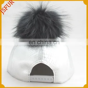 Top Quality Silver Hat Genuine Raccoon Fur Pom Pom Baseball Cap thumbnail-4