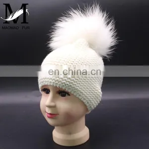 Fashion Kids Winter Knitted Raccoon Fur Pompom 100% Acrylic Knitted Beanie Hat thumbnail-3